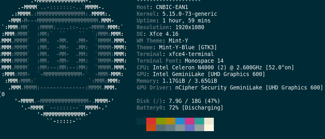 output from "neofetch" command on Coconics enabler budget laptop. 