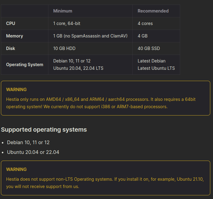 Requirements for Installation of HestiaCP web control panel, Jan 2024.