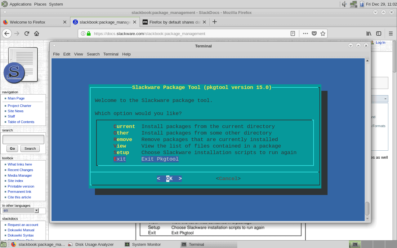 Pkgtool Menu for Slackware Linux, Dec 2017