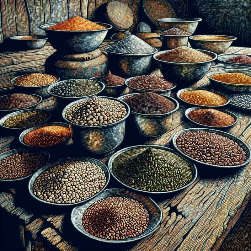 A painting showing different pulses in a shop in rural India. Image generated by AI tools. Blog by gaathastory