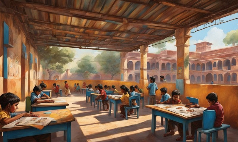 A Primary school in a small town in India.. AI generated image for National deworking Day. Blog by gaathastory