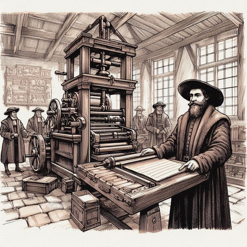 Johannes Gutenberg with his printing press. Image generated using AI tools. Blog by gaathastory