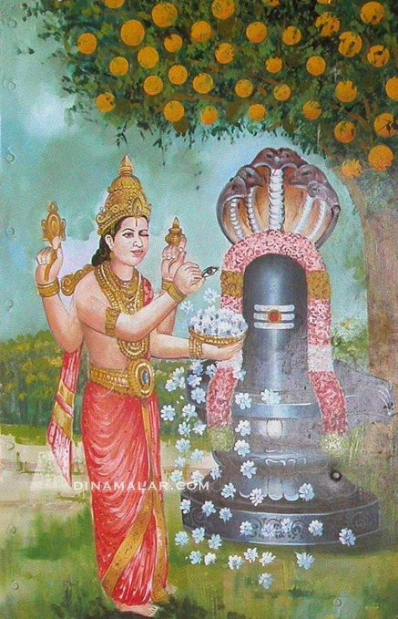 Lord Vishnu offers his eye to Lord Shiv. Story on devgatha by gaathastory. Image: Dinamalar